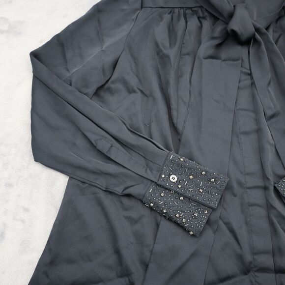 Pleated Shirt Womens Black Long Sleeve Rhinestone Beaded Button Tunic Blouse - Picture 7 of 16